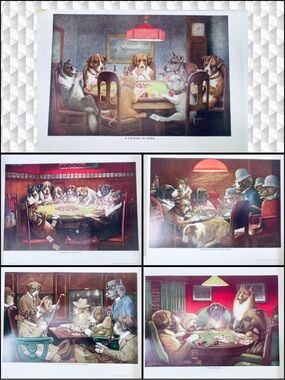 Vtg Dogs Playing Poker Prints C.M. Coolidge 12" x 16" Set Of 5 A Kaplan NEW MINT